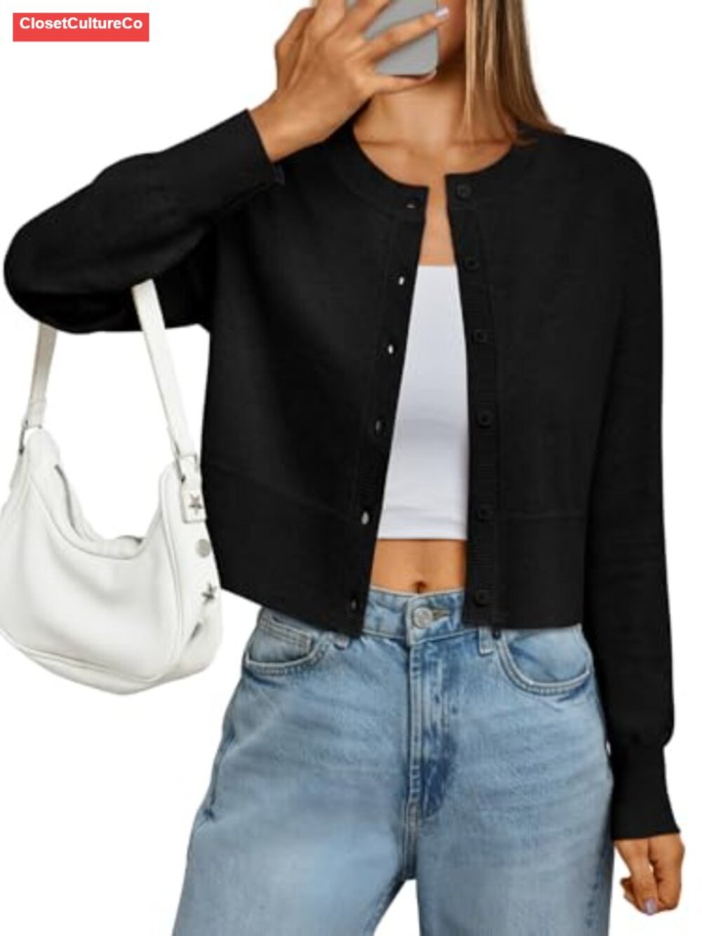 Cropped Cardigan Long Sleeve Crew Neck Button Down Lightweight Knit